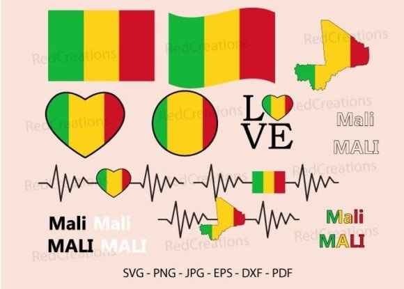 Mali Flag Bundle Svg, Map, Love, Waving